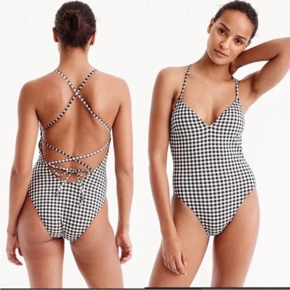 J. Crew Black and White Gingham Lace-Up One Piece Swimsuit, Size 0